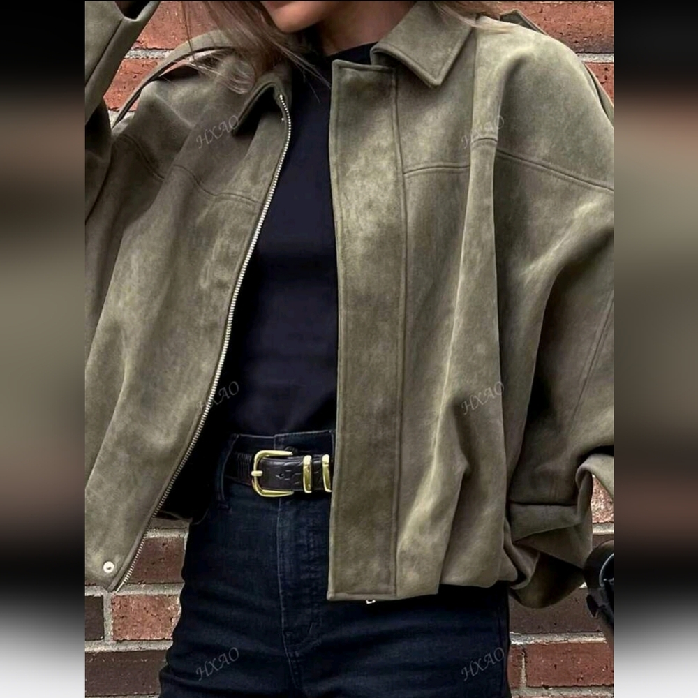 Women's Bomber Jacket Spring Coat Loose Long Sleeves Zip Vintage Jacket Ladies - Picture 4 of 7